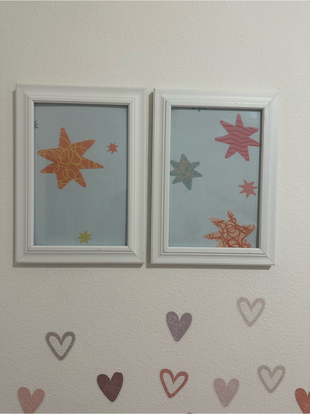 Set of Two White Framed Star Art Prints - Coral, Teal, Yellow